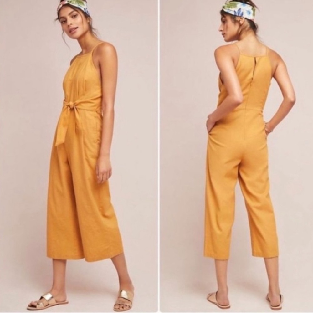 GREYLIN Anthropologie Yellow Gold Tied Linen Cropped Wide Leg Jumpsuit Small